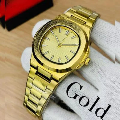 Men Square Watch golden dial Silver Steel Chain Strap