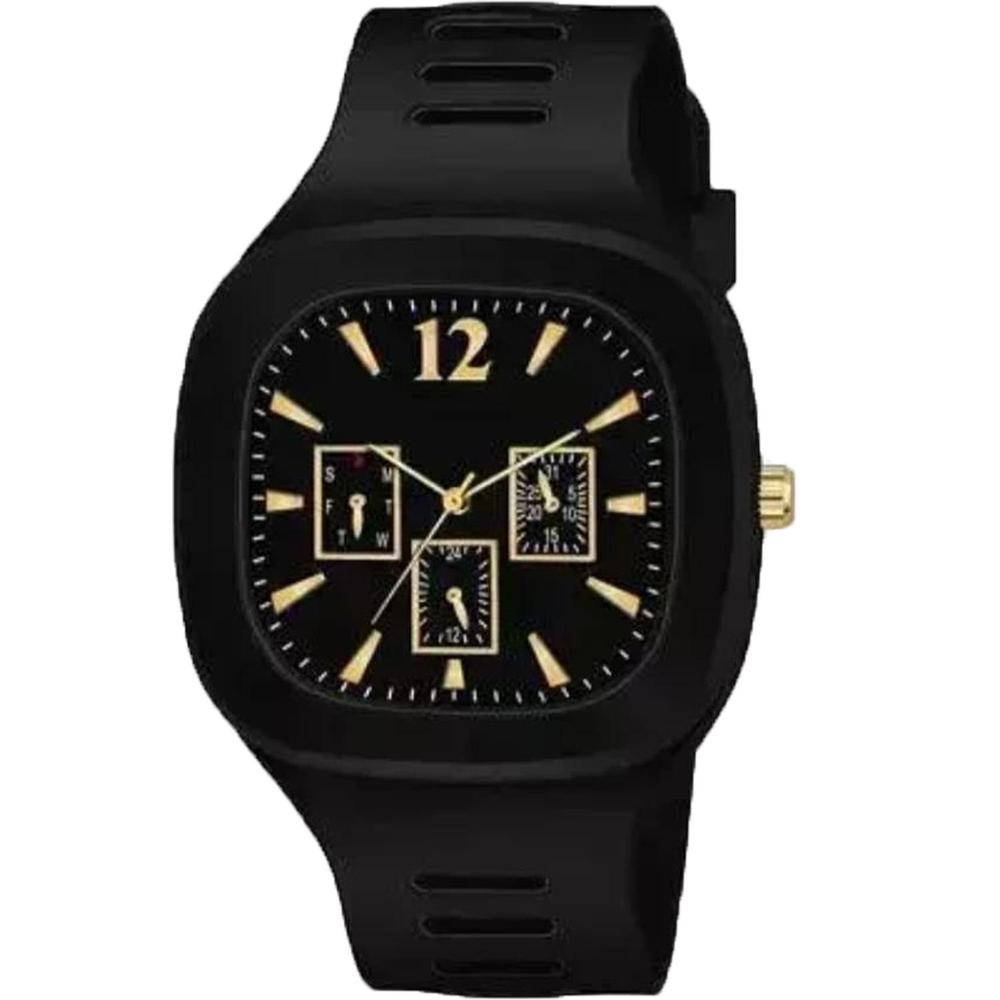 Black Silicon Analog Watch with Gold Accents for Men