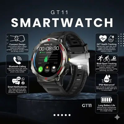 GT11 Round Dial Rugged Smart Watch with Bluetooth Calling