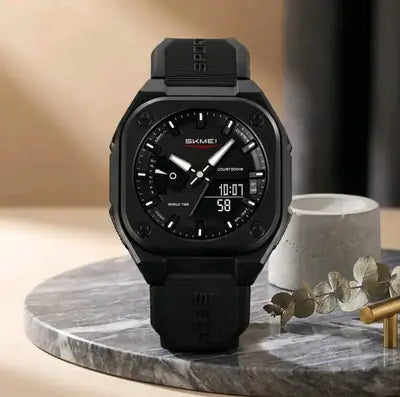 SKMEI 2328 Square Multifunction Men's Watch Dual Movement TPU Strap Sport Outdoor Cool Style Male Electronic Quartz Wristwatch