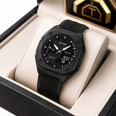 SKMEI 2328 Square Multifunction Men's Watch Dual Movement TPU Strap Sport Outdoor Cool Style Male Electronic Quartz Wristwatch