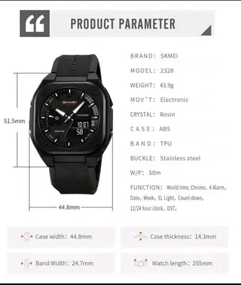 SKMEI 2328 Square Multifunction Men's Watch Dual Movement TPU Strap Sport Outdoor Cool Style Male Electronic Quartz Wristwatch
