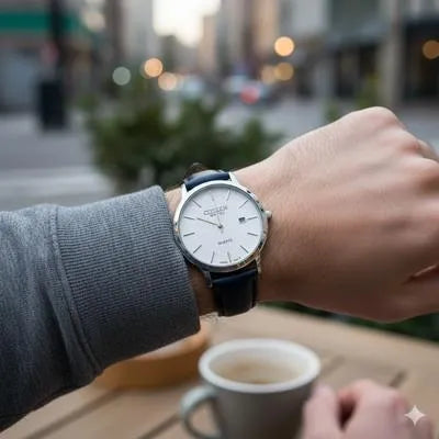 Citizen Quartz Watch White Leather Strap 100M Water Resistant