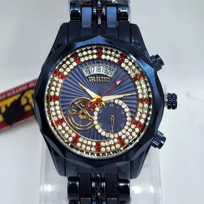 Men's Blue Crystal Ruby Watch Stainless Steel Chain Strap